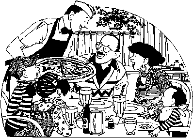 Image of family eating fresh pizza.
